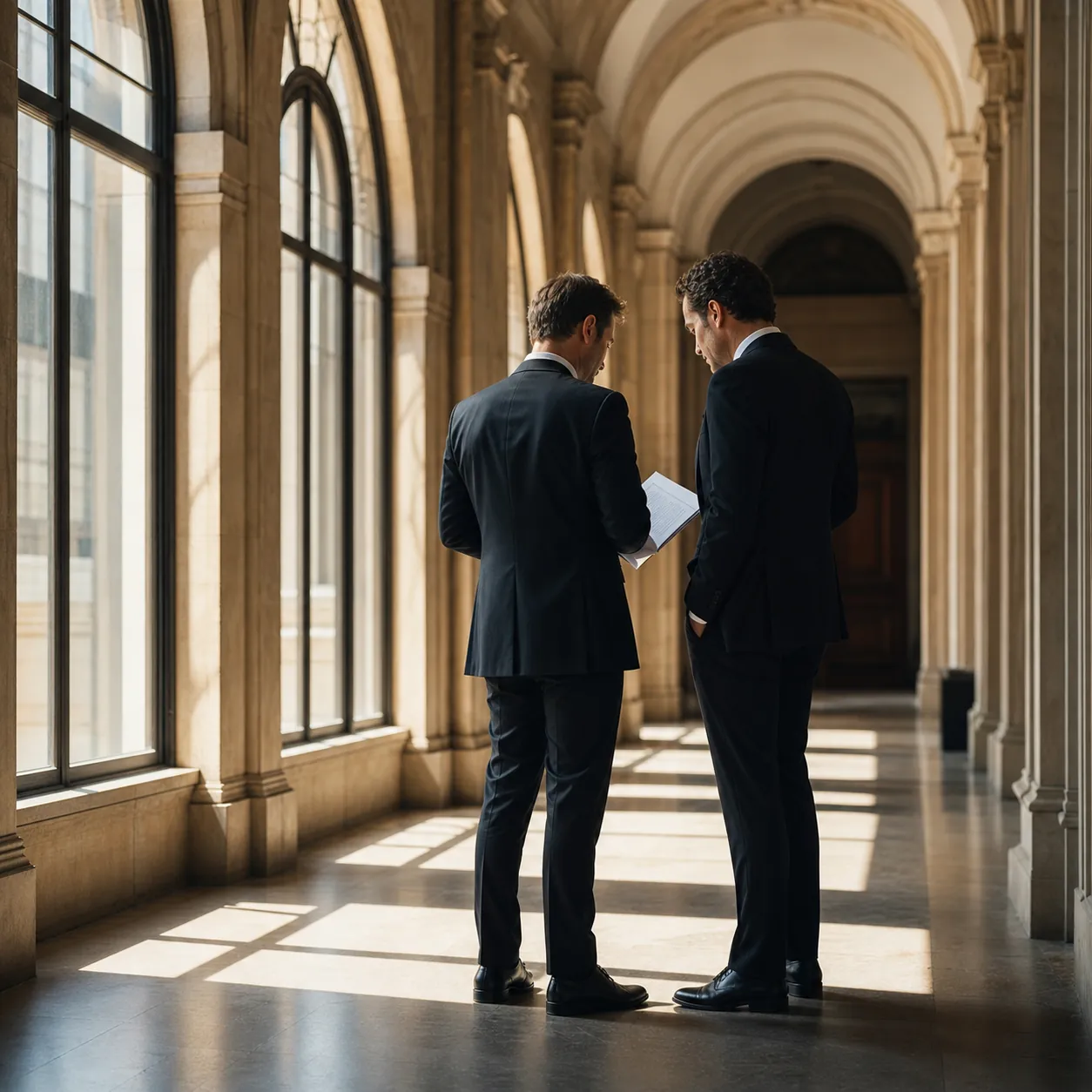 Two barristers conferring in a sunlit courthouse corridor