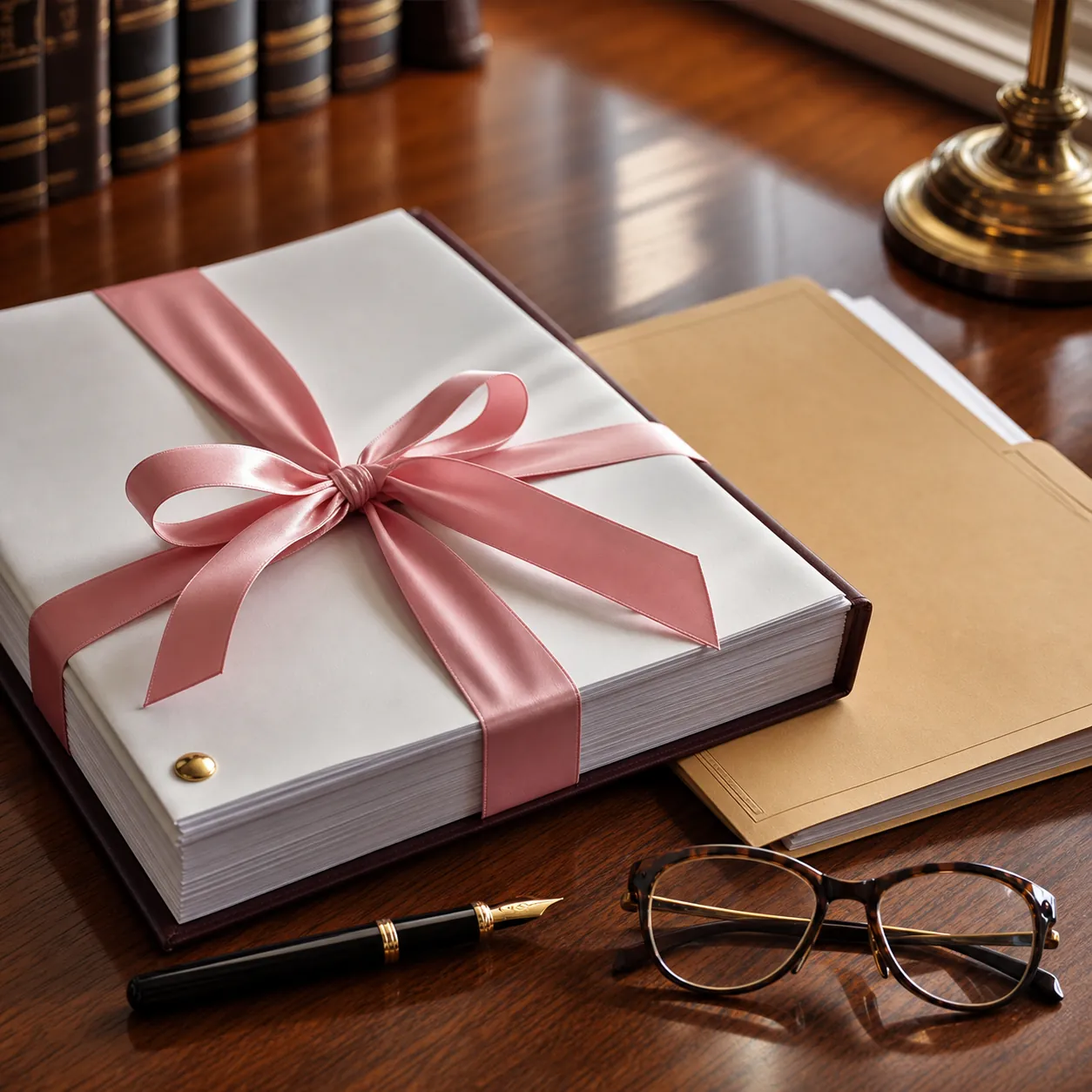 A bound legal brief tied with pink ribbon beside a manila file on a desk