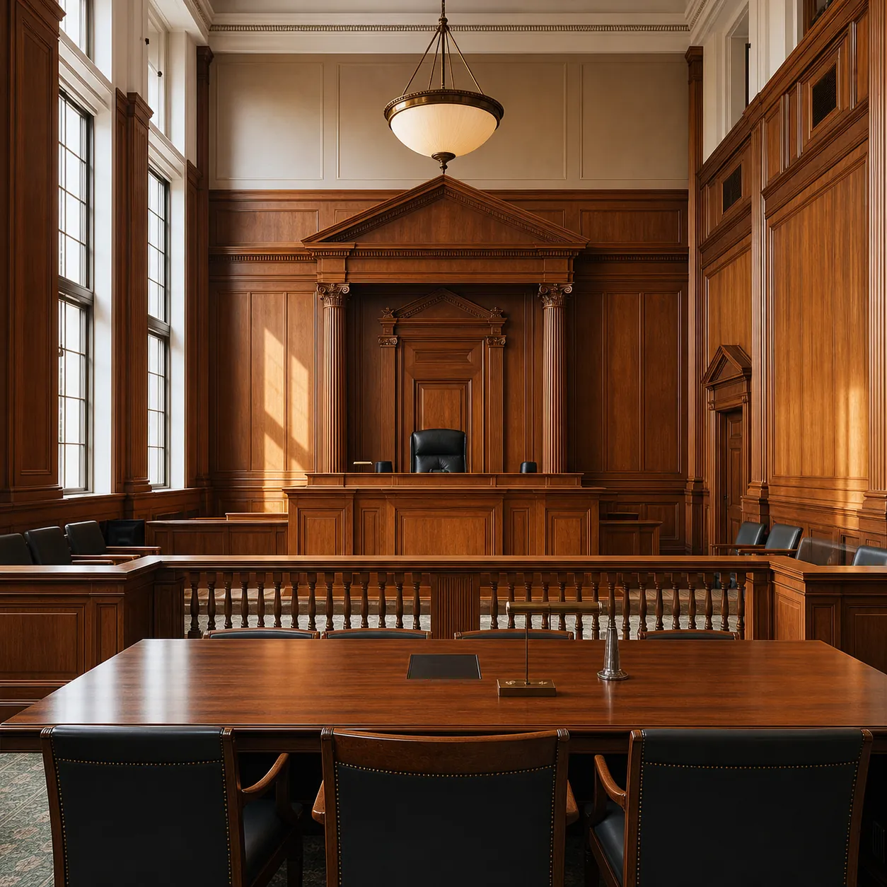 A dignified empty courtroom interior with the judge's bench and timber panelling