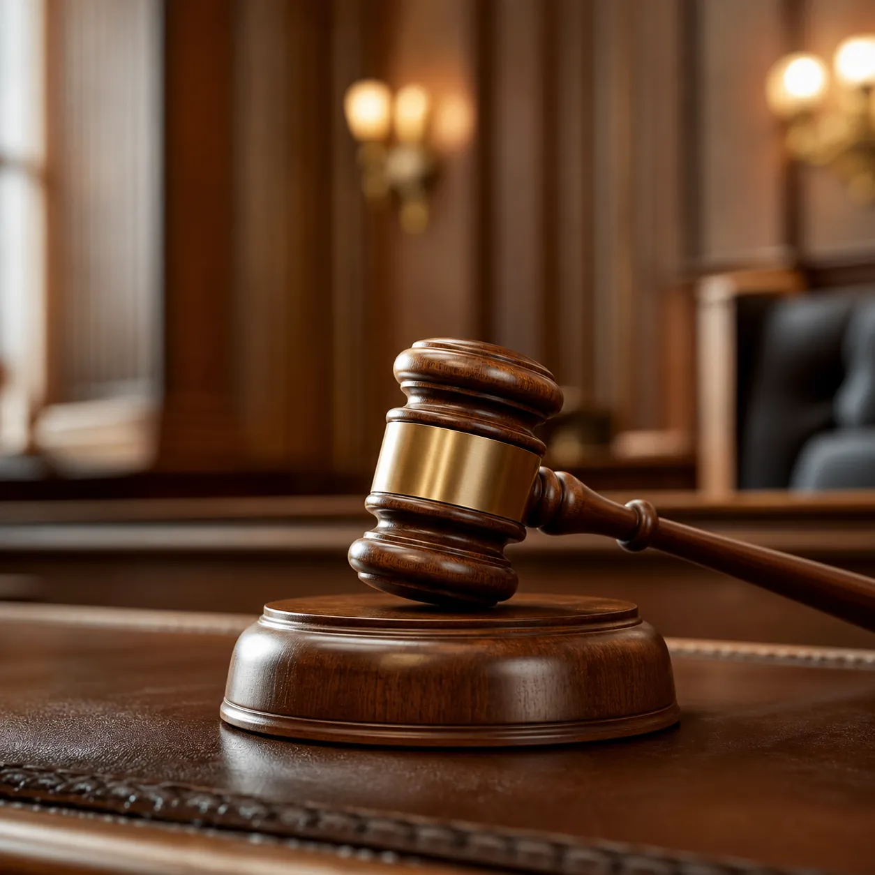 A wooden gavel resting on a courtroom bench