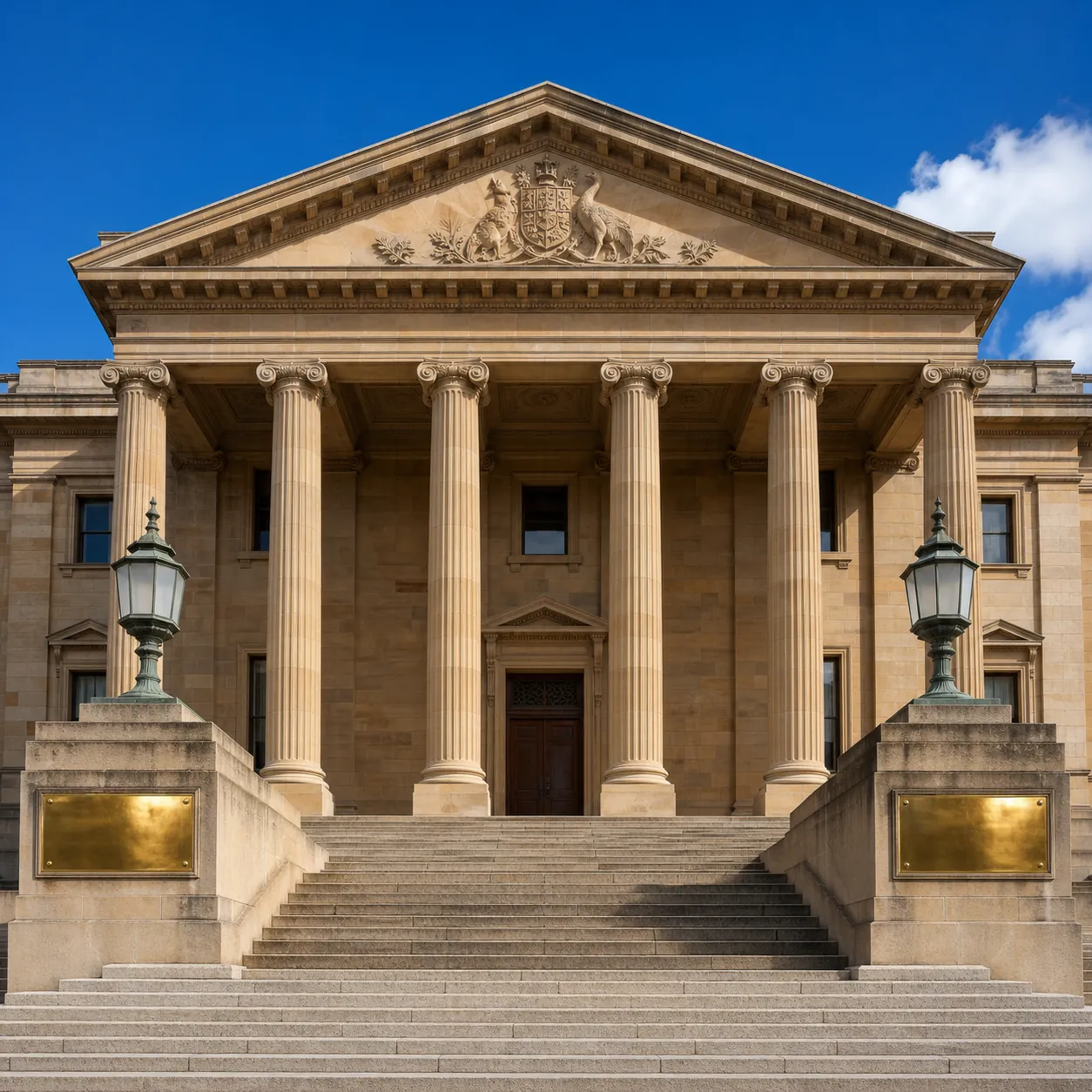A grand Australian courthouse with sandstone columns