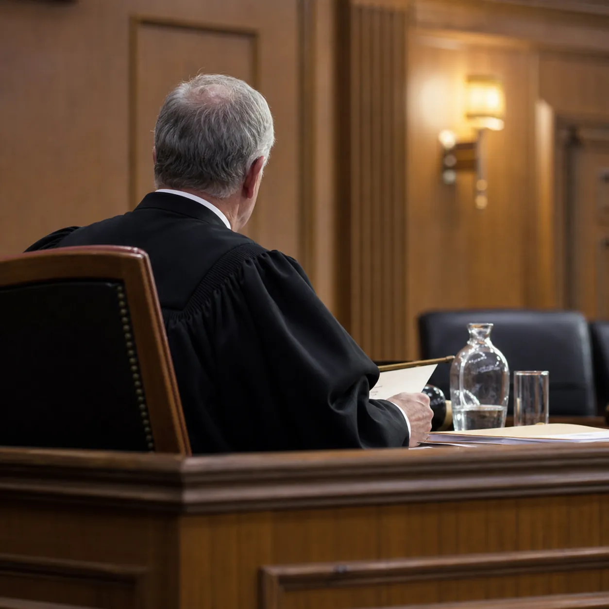 A judge in robes seated at the bench, viewed from behind