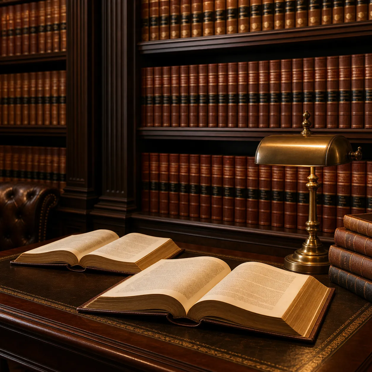 Rows of bound legal volumes on dark timber shelves