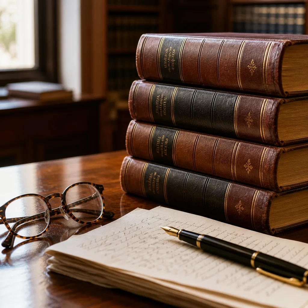 A stack of leather-bound law reports beside a fountain pen resting on written correspondence