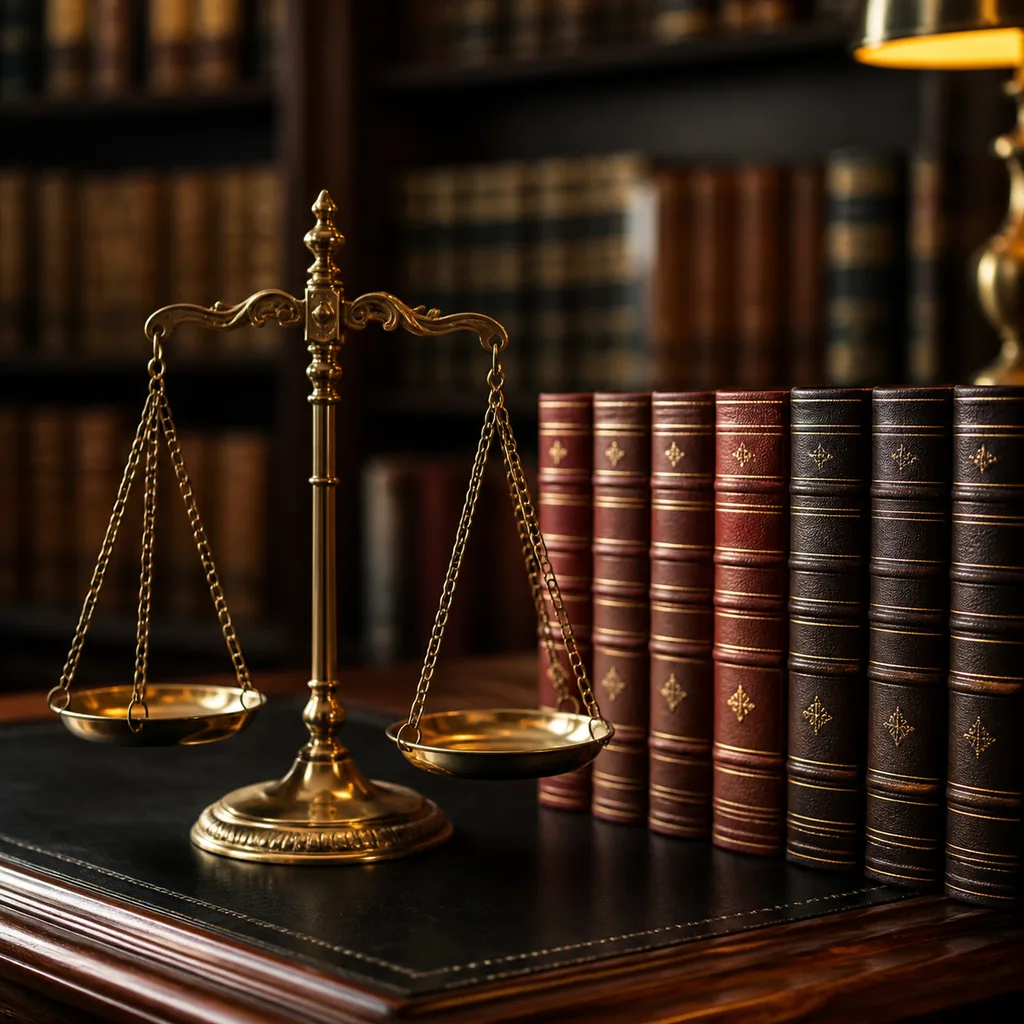 Brass scales of justice beside a row of leather-bound law reports