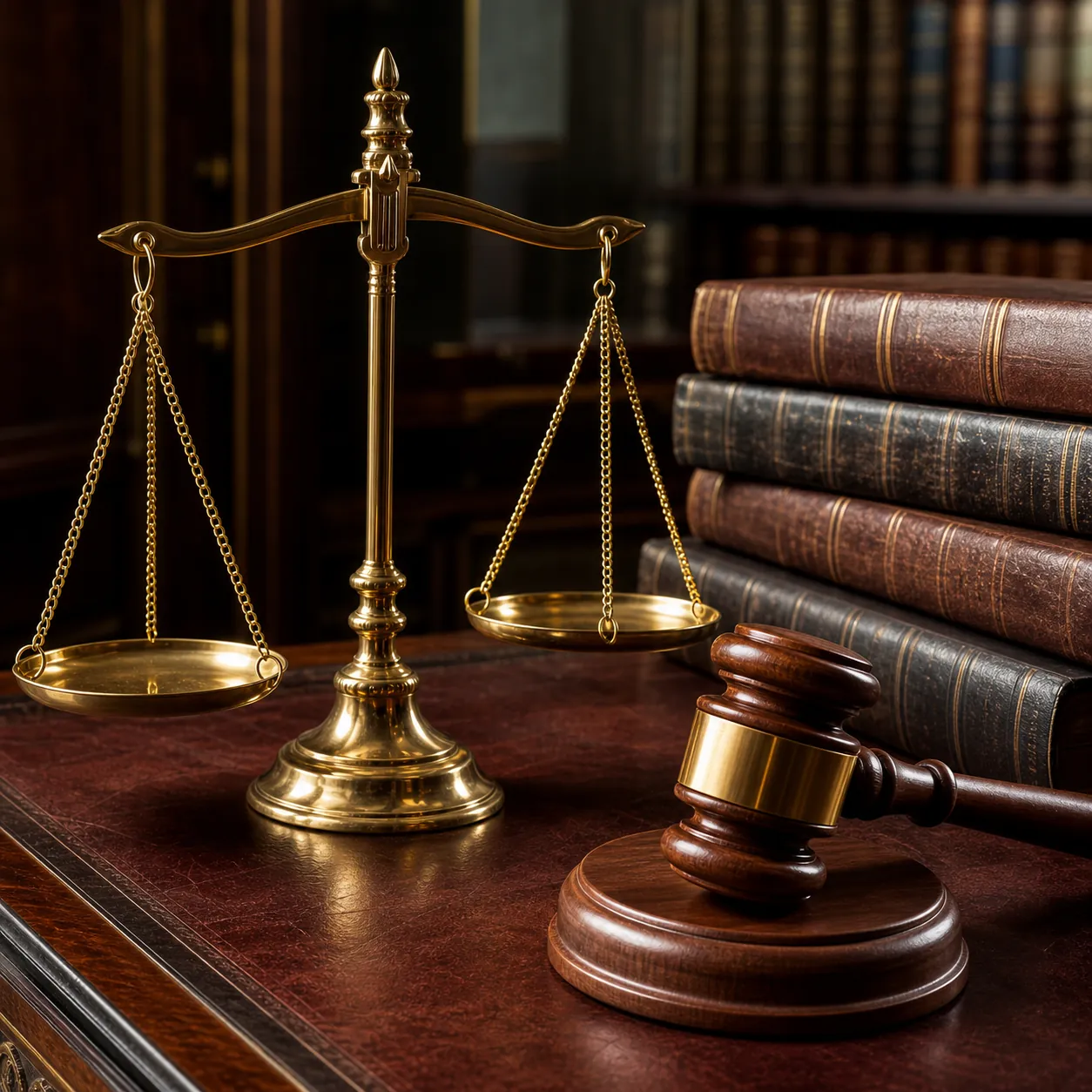 Brass scales of justice beside a wooden gavel and law books