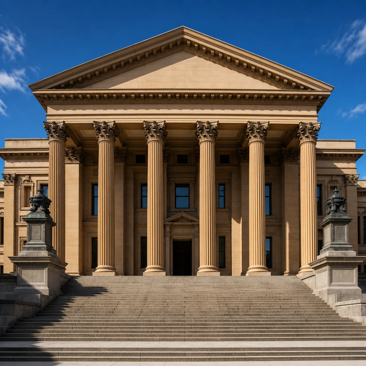 A grand Australian Supreme Court building with sandstone columns and a classical pediment